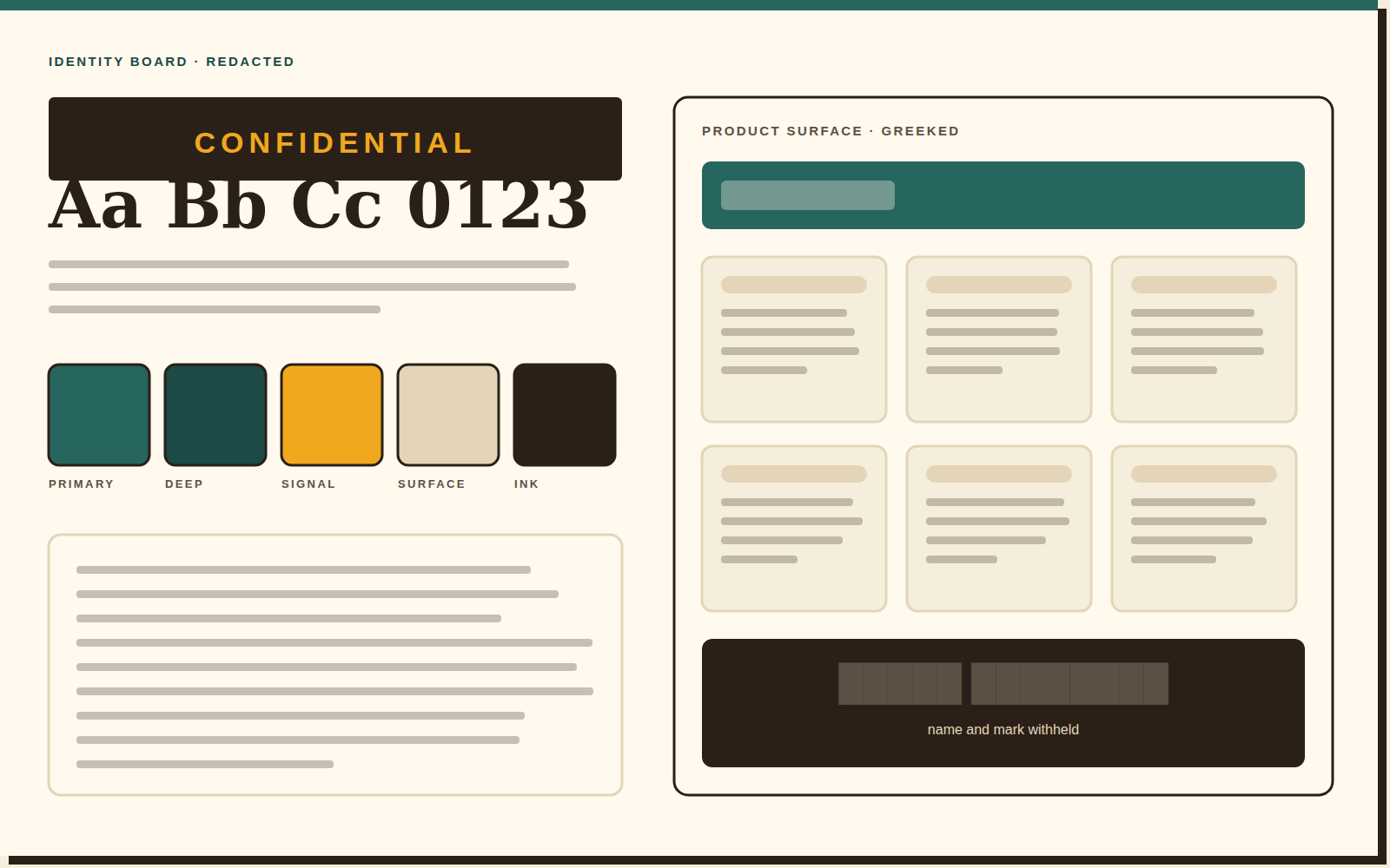 An identity board with the company name blocked out by a clean CONFIDENTIAL bar: type specimen, colour chips, and greeked product surfaces.