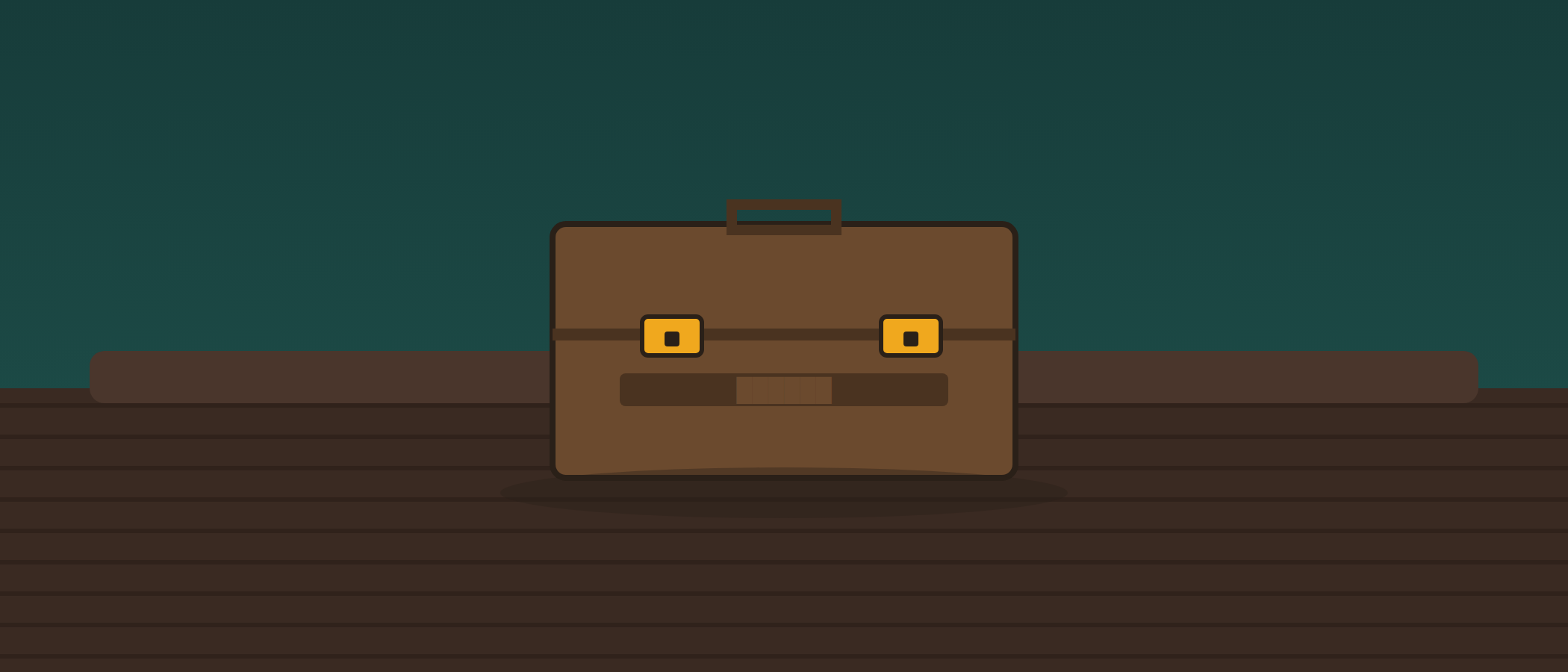 A locked briefcase sitting on a car bench seat in teal-hour light.